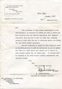 Letter from the War Office relating to Lieutenant Armstrong’s appointment