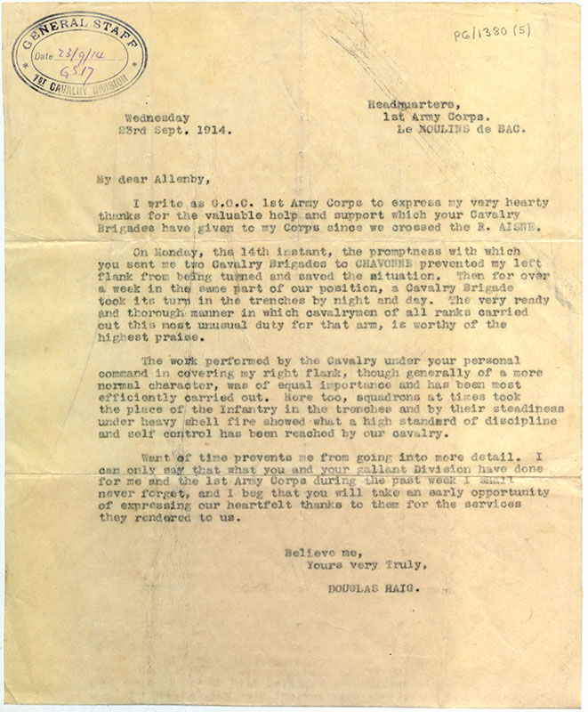 Letter from Douglas Haig to Edmund Allenby