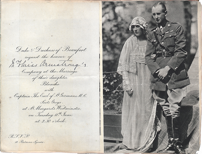 Page from Jess Armstrong’s album containing an invitation to Blanche Somerset’s wedding and a related press cutting